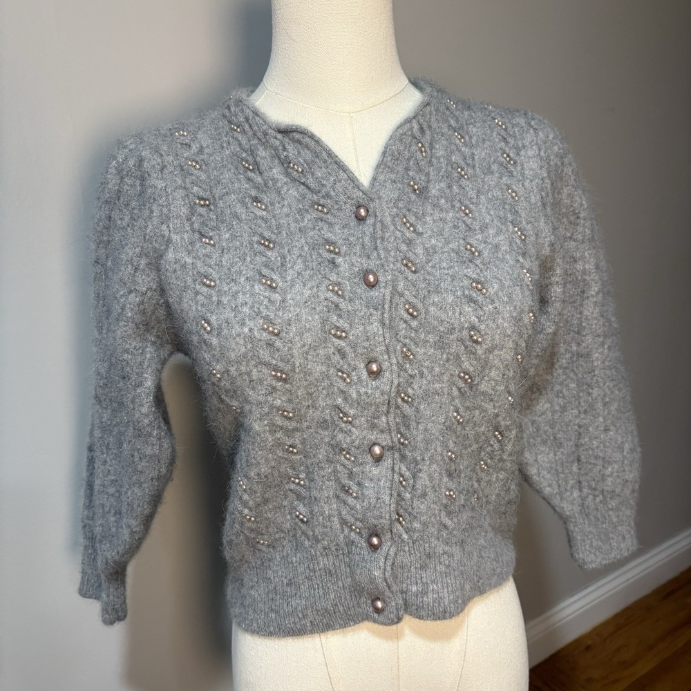 Vtg Casual Corner‎ Cardigan Lambswool Angora Womens S Pearl Gray Cottagecore